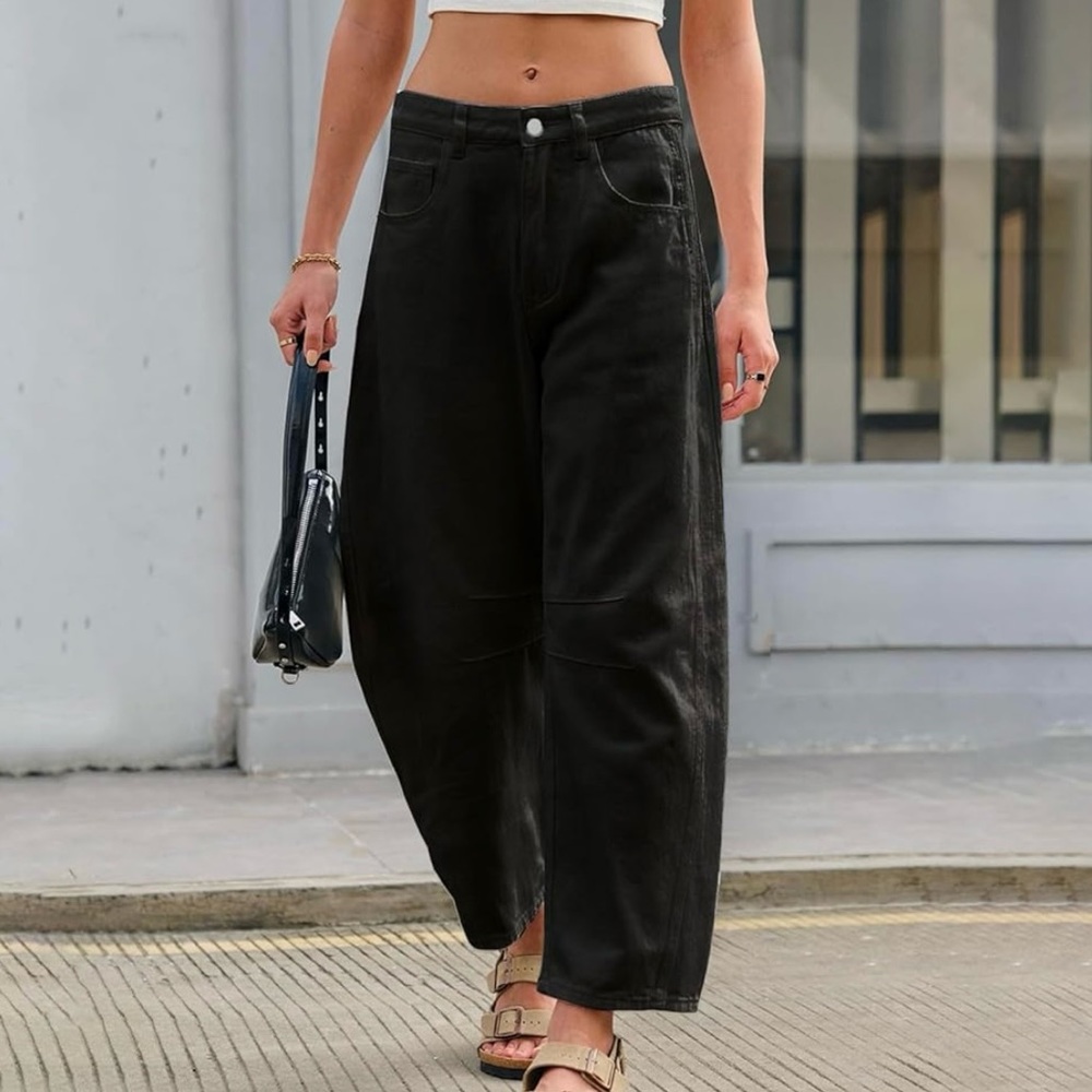 Women's Black Barrel Jeans Wide Leg Mid Rise Pants Brand New